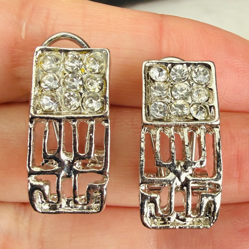 Silvertone Rectangular Bling Omega Back Pierced E… - image 2